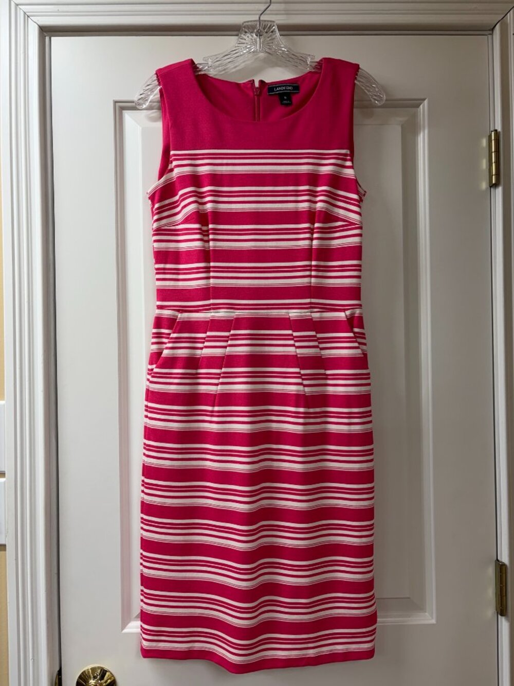 Lands' End Size 6 Hot Pink White Striped Sleeveless Dress Pockets Colorblock